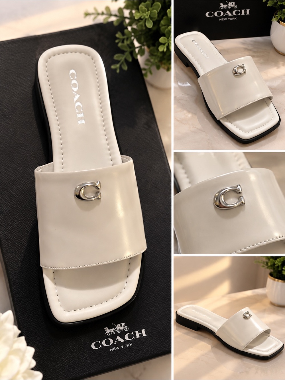 Coach White Patent Slide Mules with Silver 'C' Accent
